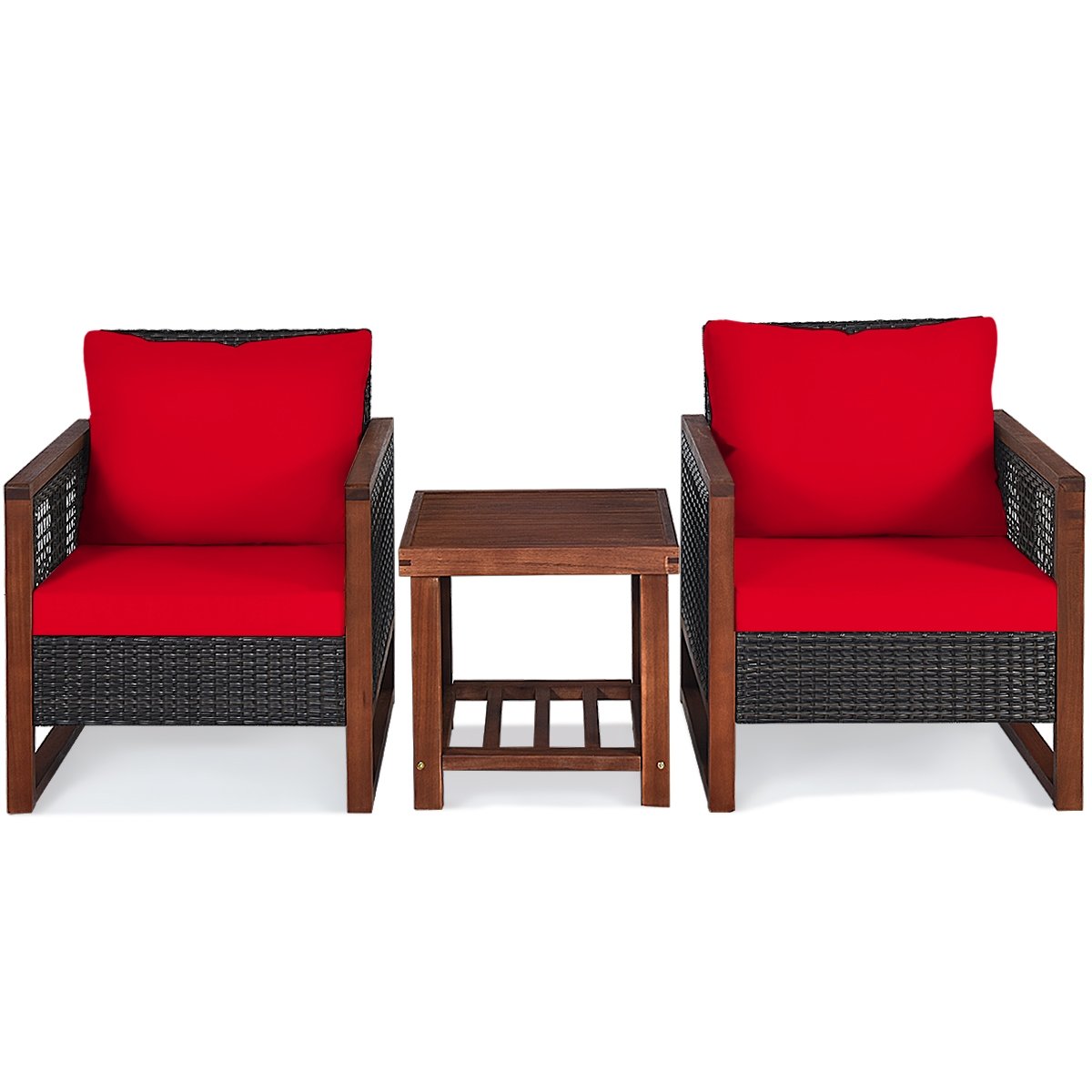 3 Pieces Acacia Wood Patio Furniture Set with Coffee Table, Red Patio Conversation Sets   at Gallery Canada