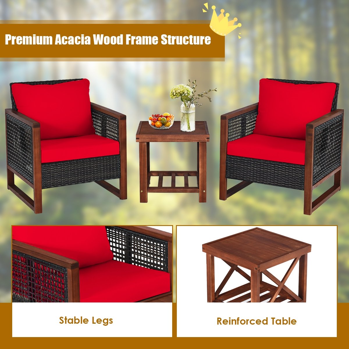 3 Pieces Acacia Wood Patio Furniture Set with Coffee Table, Red Patio Conversation Sets   at Gallery Canada