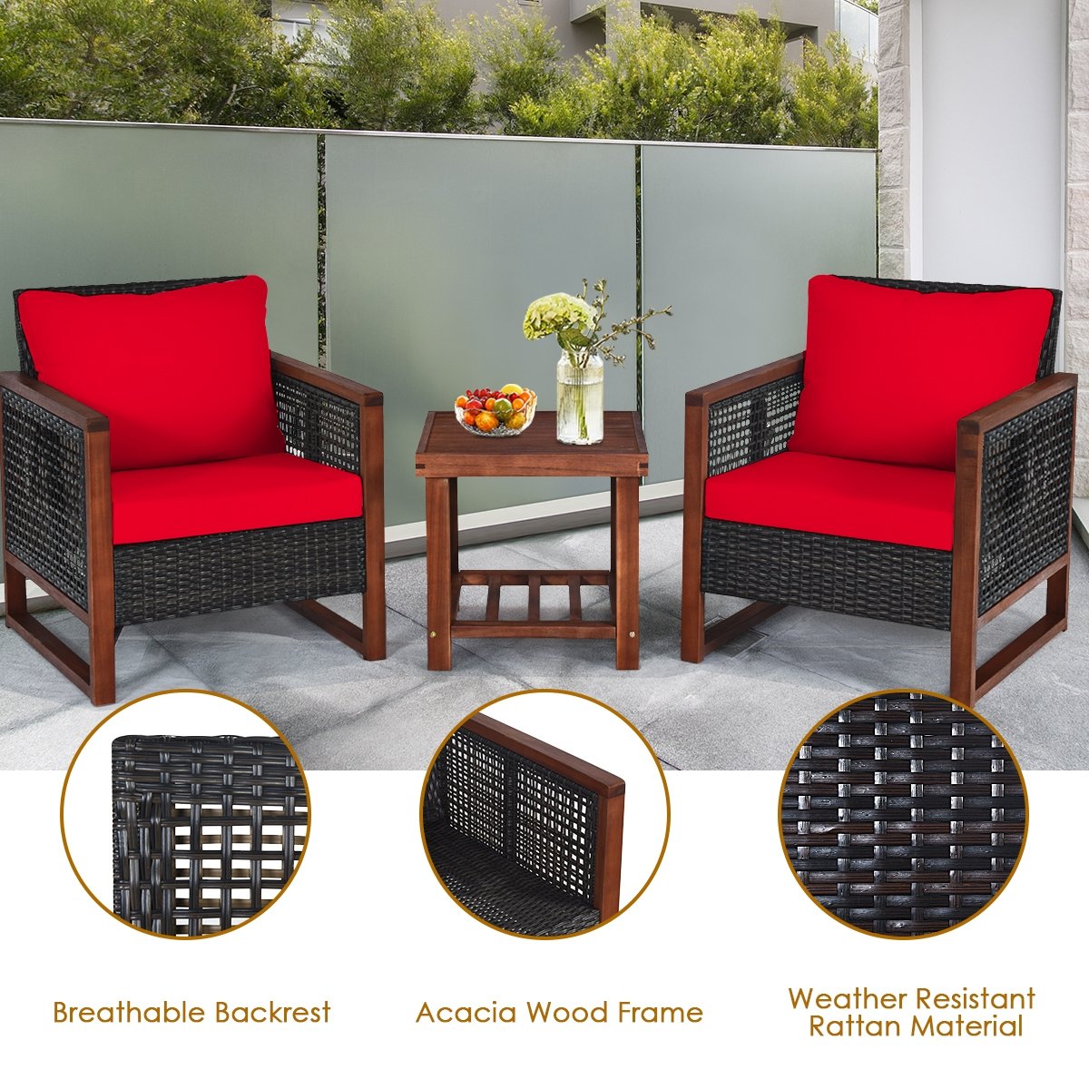 3 Pieces Acacia Wood Patio Furniture Set with Coffee Table, Red Patio Conversation Sets   at Gallery Canada