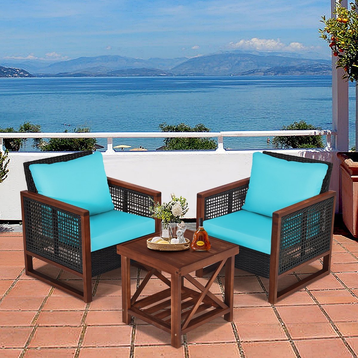 3 Pieces Acacia Wood Patio Furniture Set with Coffee Table, Turquoise Patio Conversation Sets   at Gallery Canada