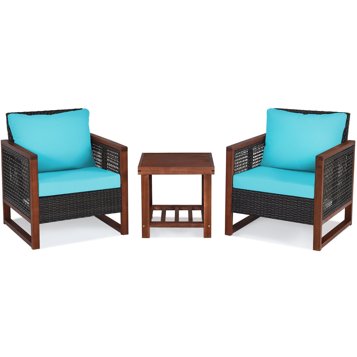 3 Pieces Acacia Wood Patio Furniture Set with Coffee Table, Turquoise Patio Conversation Sets   at Gallery Canada