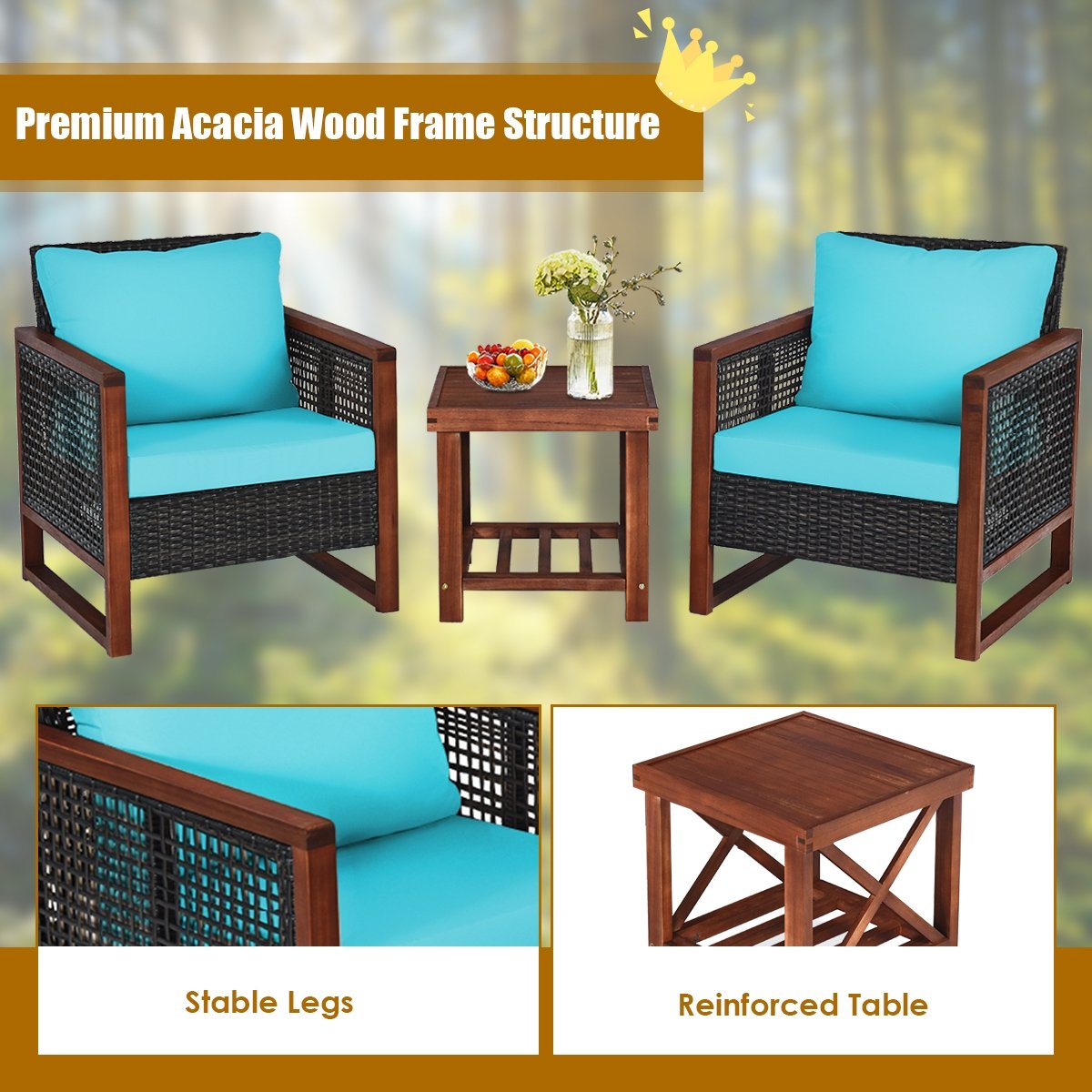 3 Pieces Acacia Wood Patio Furniture Set with Coffee Table, Turquoise Patio Conversation Sets   at Gallery Canada