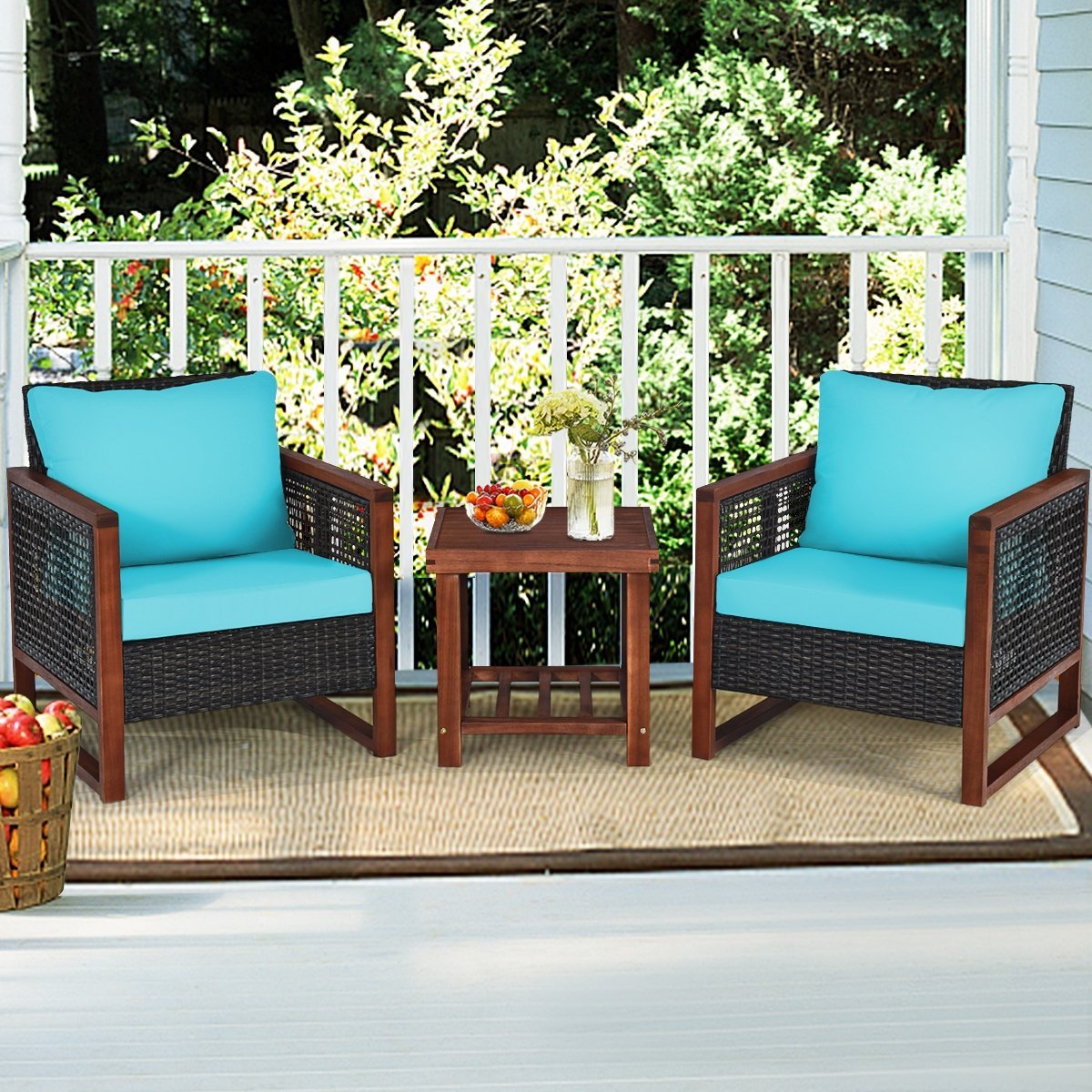 3 Pieces Acacia Wood Patio Furniture Set with Coffee Table, Turquoise Patio Conversation Sets   at Gallery Canada