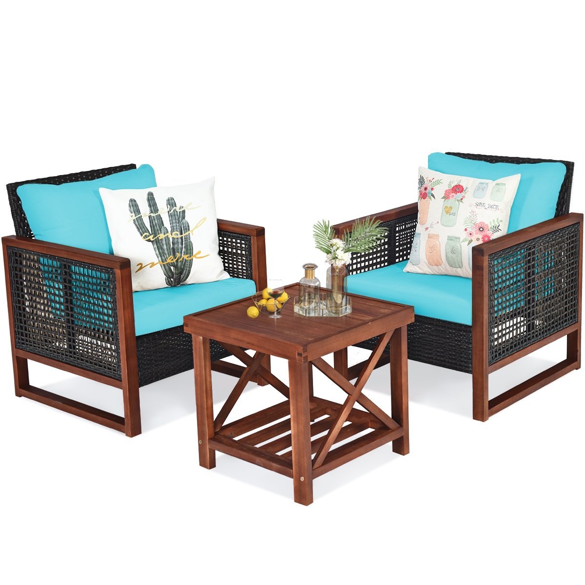 3 Pieces Acacia Wood Patio Furniture Set with Coffee Table, Turquoise Patio Conversation Sets   at Gallery Canada