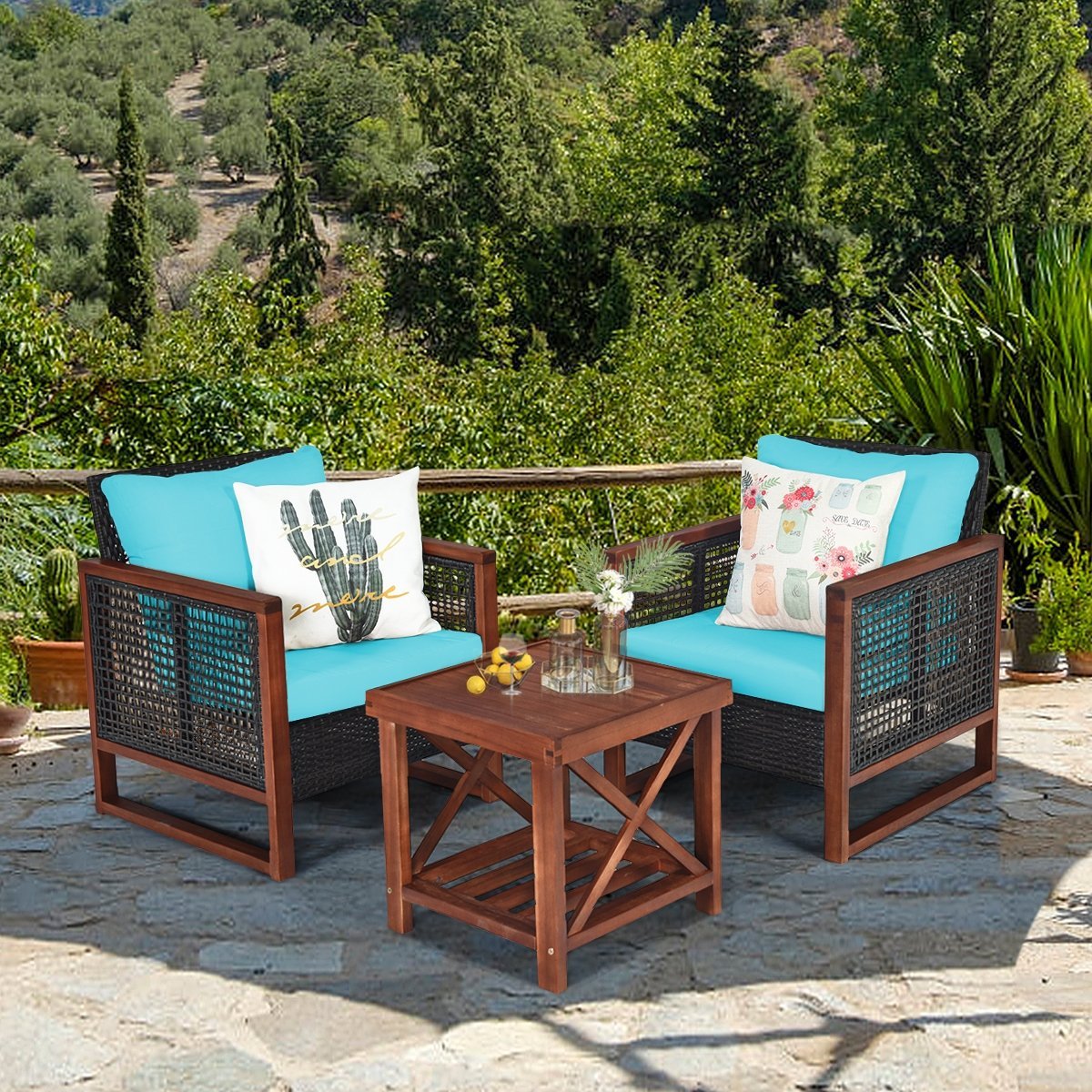 3 Pieces Acacia Wood Patio Furniture Set with Coffee Table, Turquoise Patio Conversation Sets   at Gallery Canada