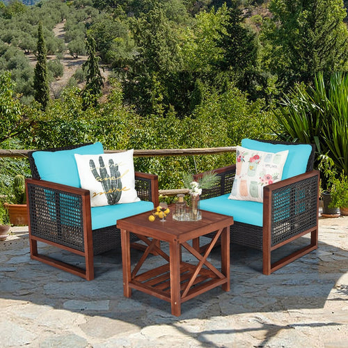 3 Pieces Acacia Wood Patio Furniture Set with Coffee Table, Turquoise