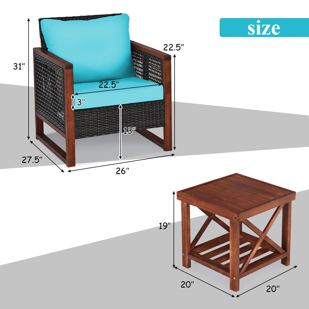 3 Pieces Acacia Wood Patio Furniture Set with Coffee Table, Turquoise Patio Conversation Sets   at Gallery Canada