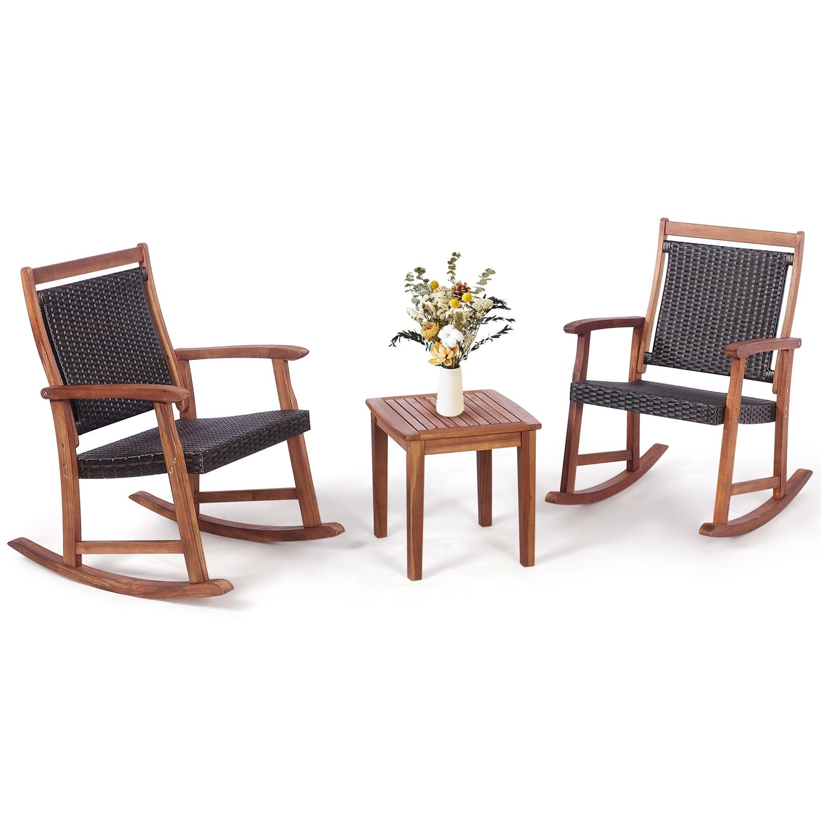 3 Pieces Acacia Wood Patio Rocking Chair Set with Side Table, Brown Patio Conversation Sets   at Gallery Canada