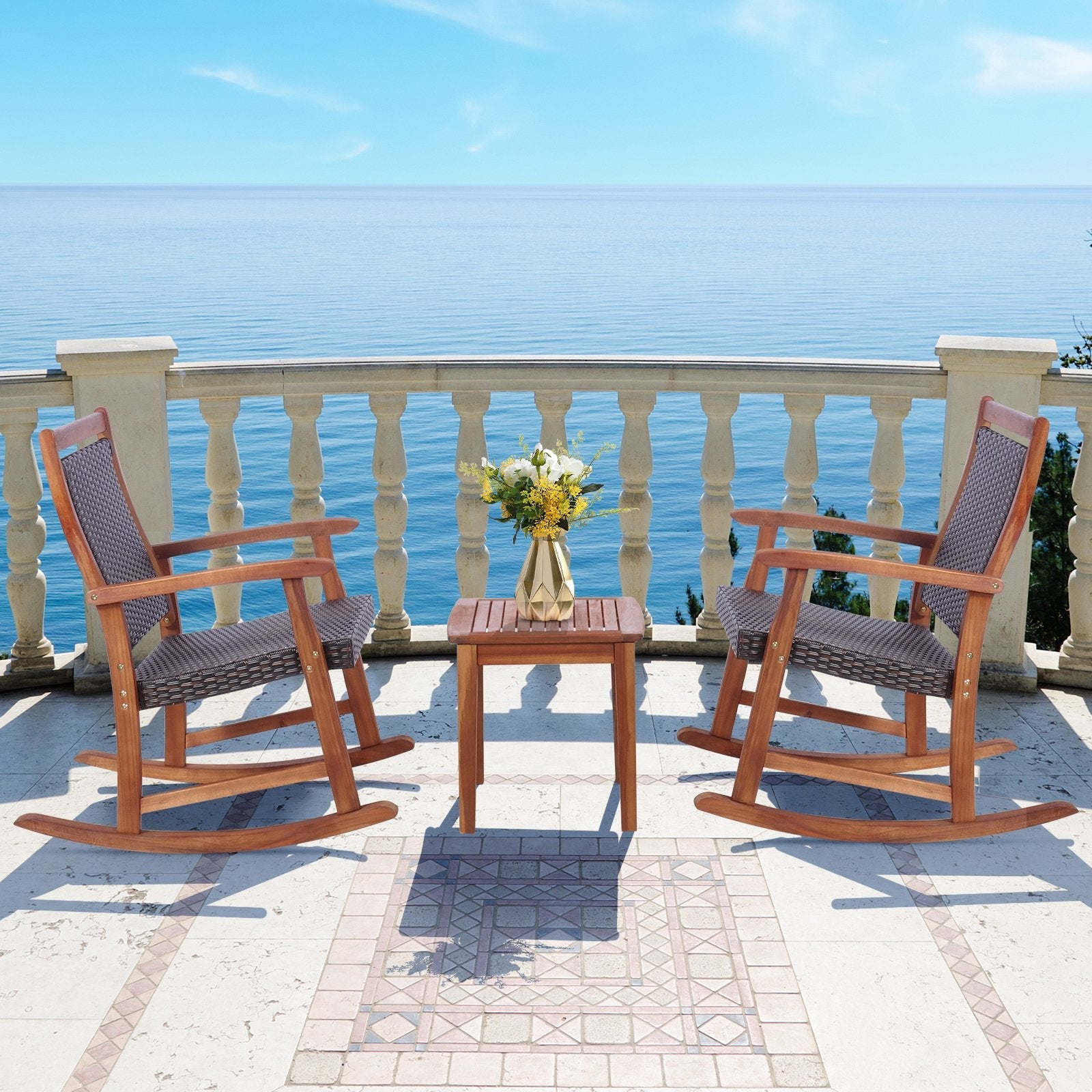 3 Pieces Acacia Wood Patio Rocking Chair Set with Side Table, Brown Patio Conversation Sets   at Gallery Canada