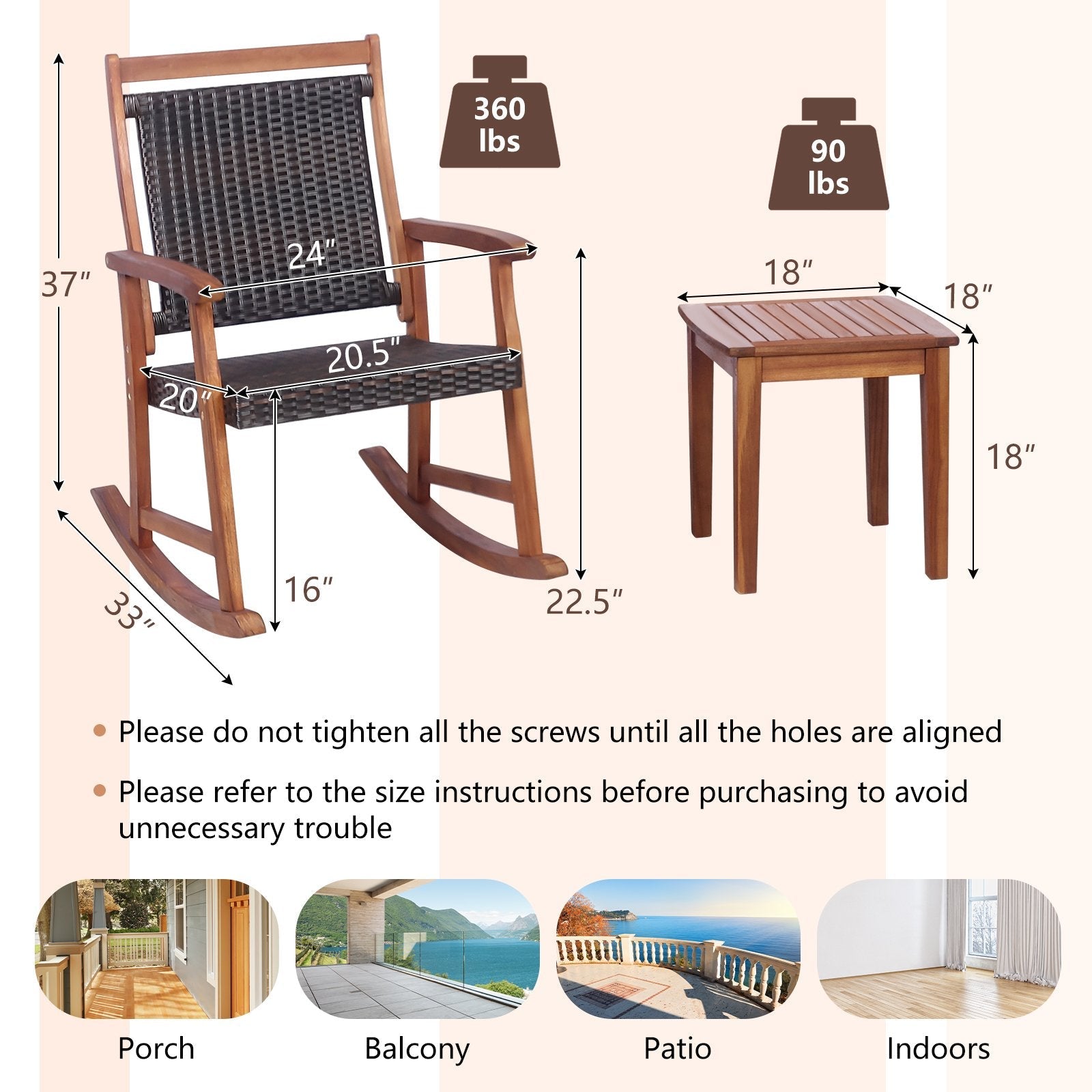 3 Pieces Acacia Wood Patio Rocking Chair Set with Side Table, Brown Patio Conversation Sets   at Gallery Canada