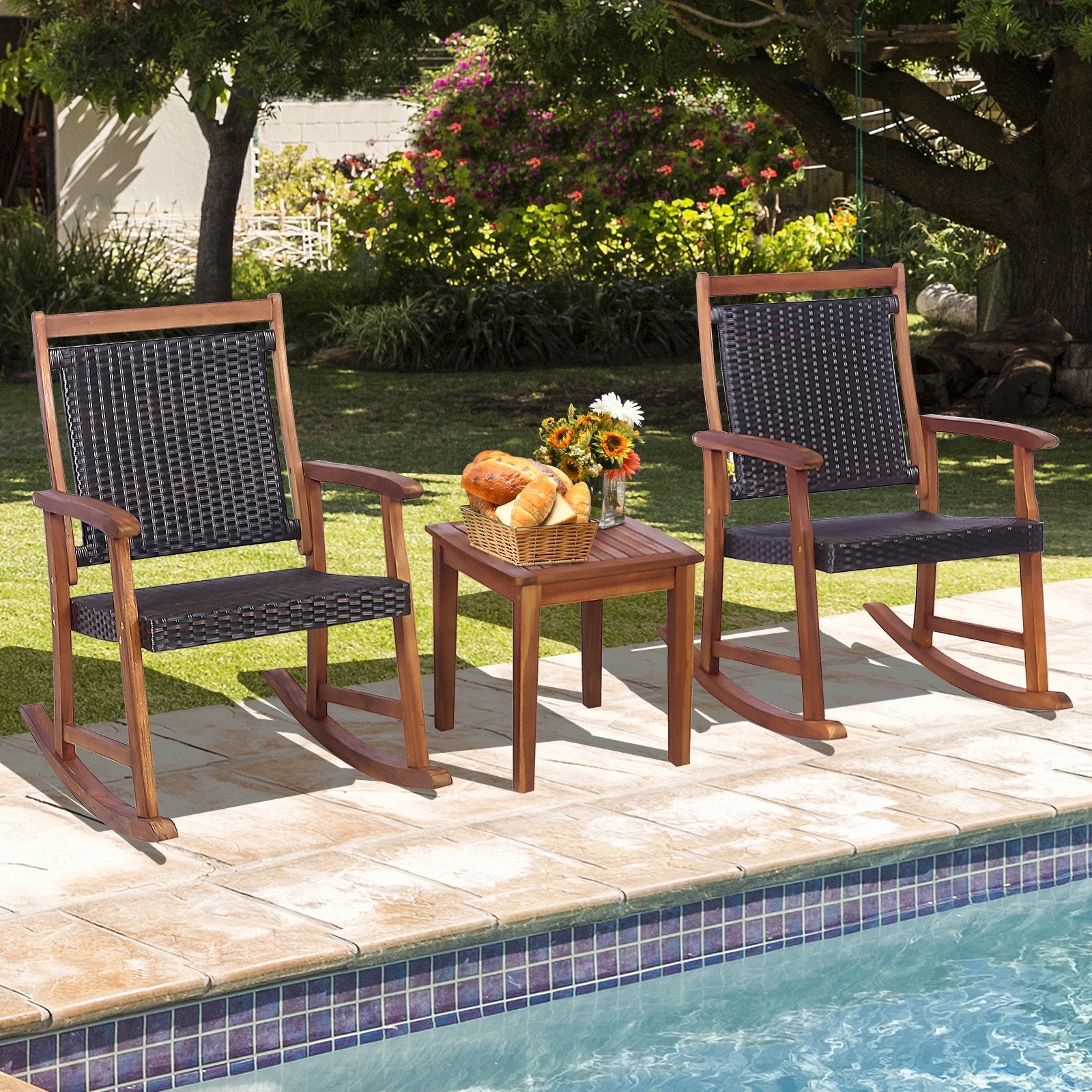 3 Pieces Acacia Wood Patio Rocking Chair Set with Side Table, Brown Patio Conversation Sets   at Gallery Canada