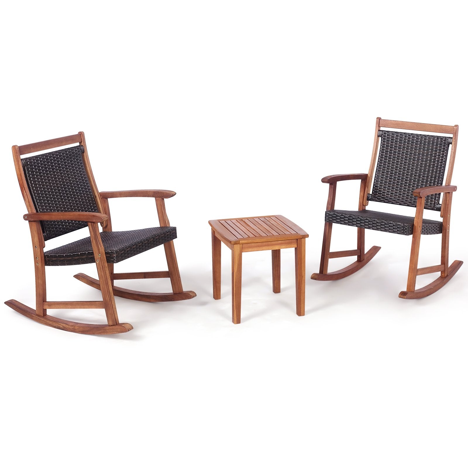 3 Pieces Acacia Wood Patio Rocking Chair Set with Side Table, Brown Patio Conversation Sets   at Gallery Canada