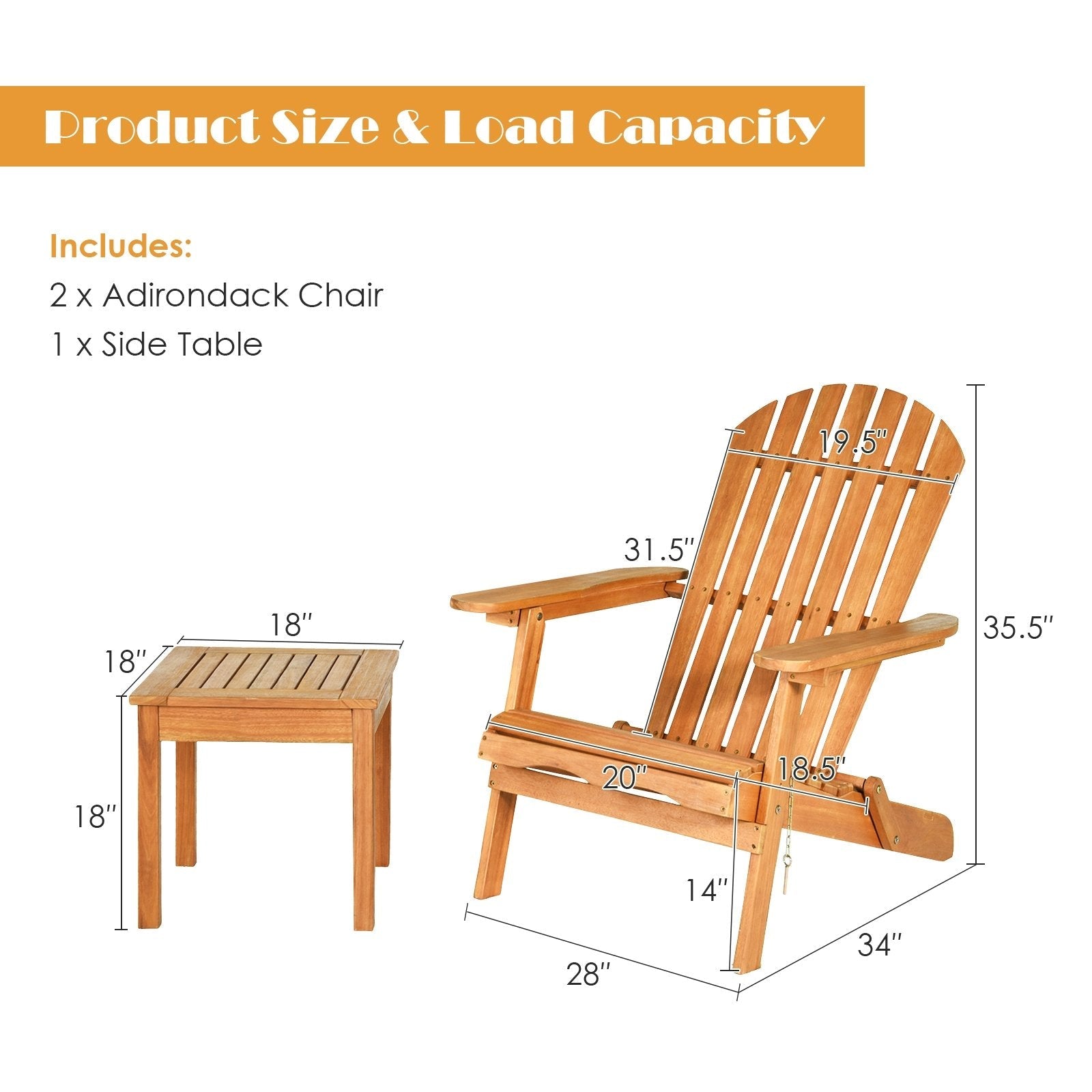 3 Pieces Adirondack Chair Set with Widened Armrest, Natural Patio Conversation Sets   at Gallery Canada