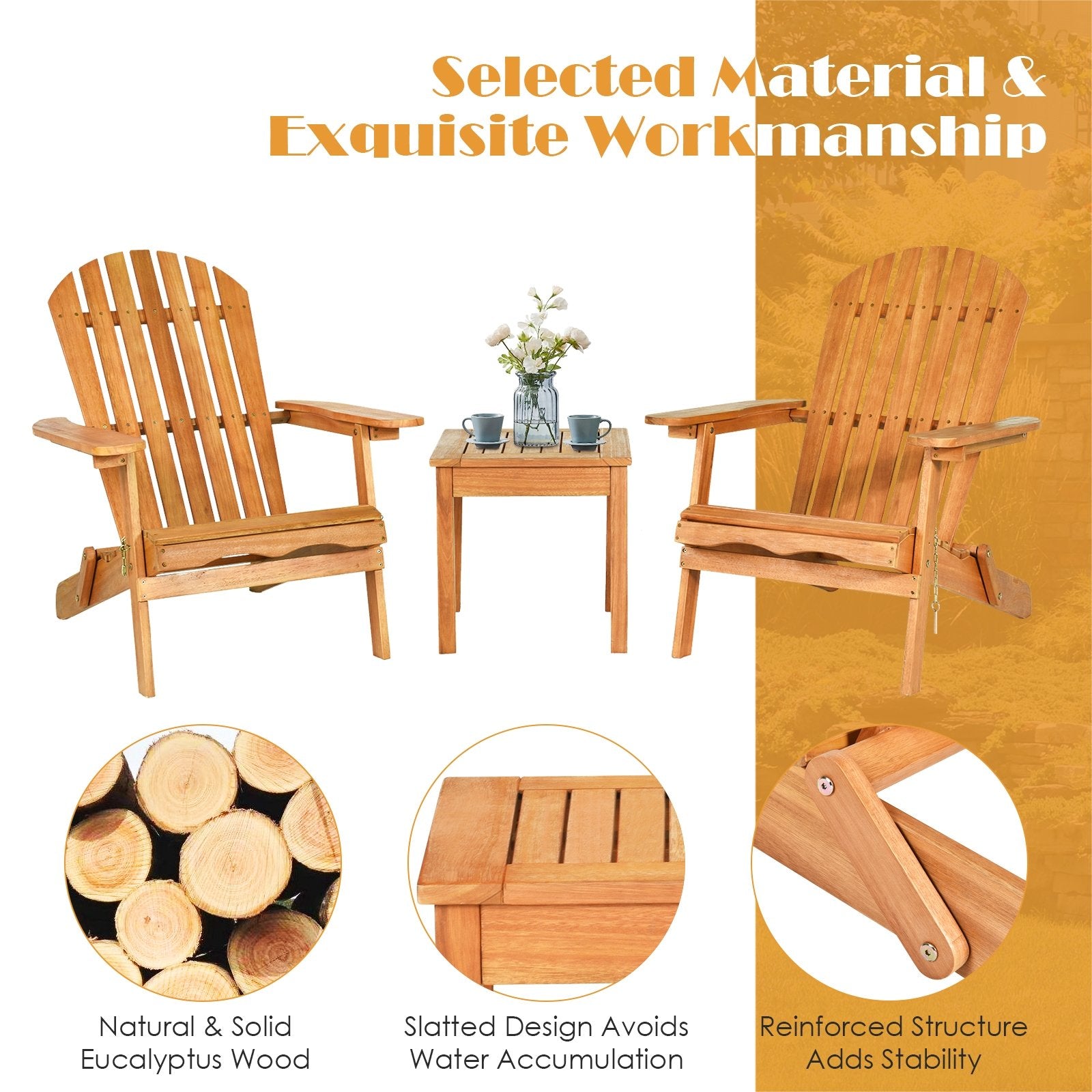 3 Pieces Adirondack Chair Set with Widened Armrest, Natural Patio Conversation Sets   at Gallery Canada