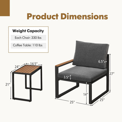 3 Pieces Aluminum Frame Weatherproof Outdoor Conversation Set with Soft Cushions, Gray Patio Conversation Sets   at Gallery Canada