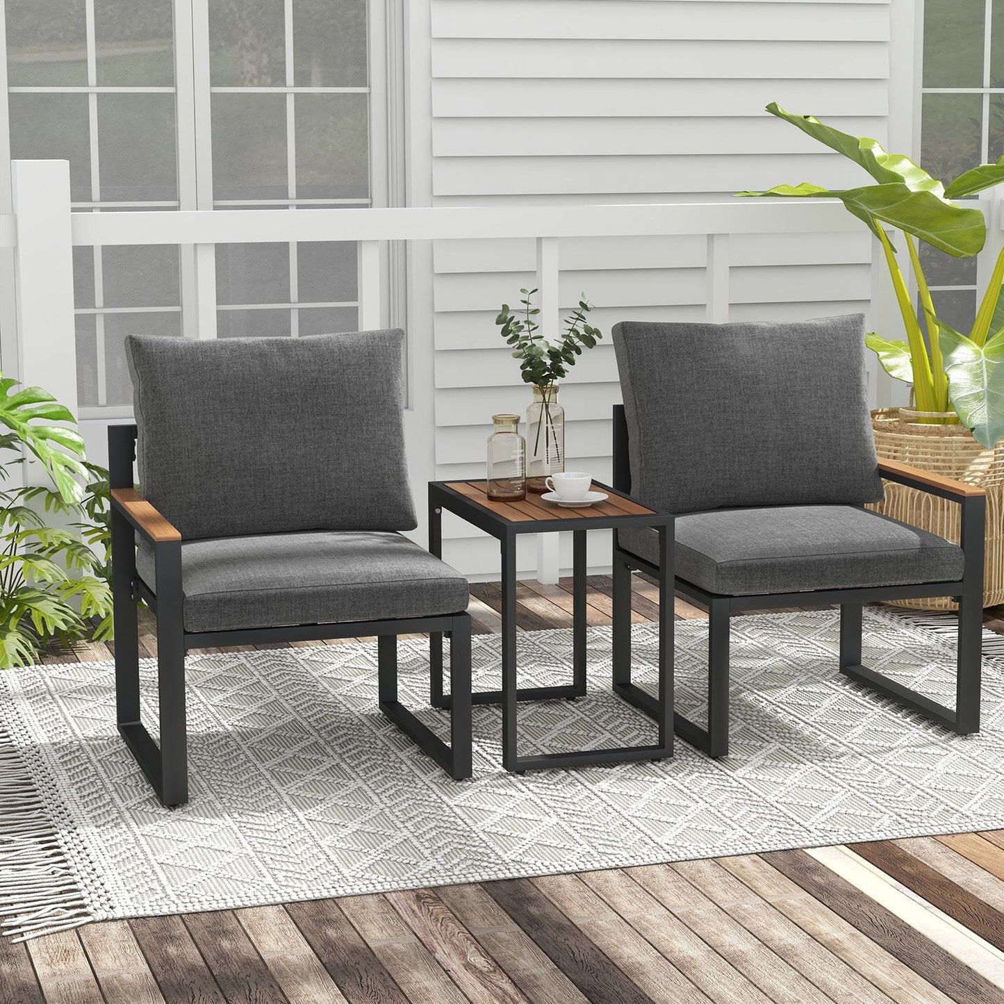 3 Pieces Aluminum Frame Weatherproof Outdoor Conversation Set with Soft Cushions, Gray Patio Conversation Sets   at Gallery Canada