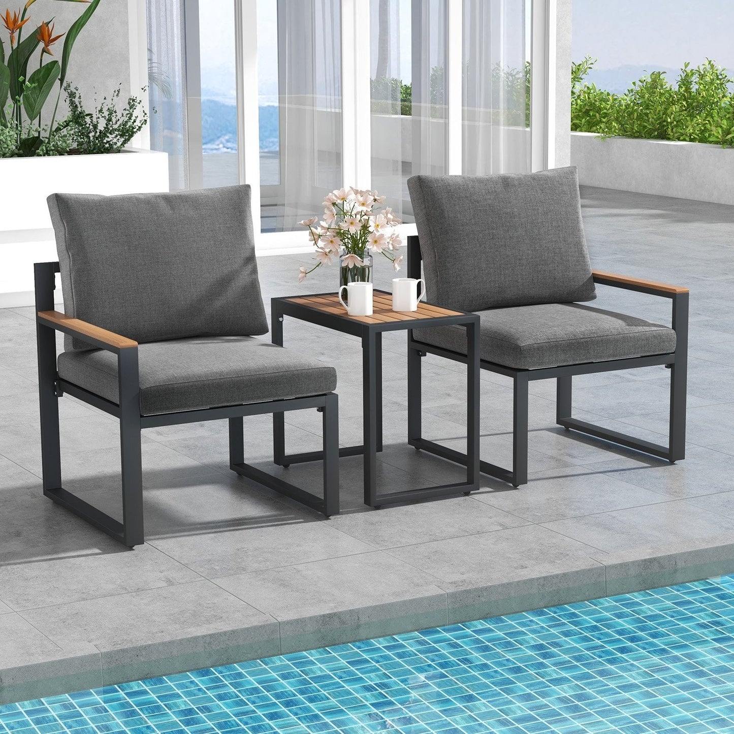 3 Pieces Aluminum Frame Weatherproof Outdoor Conversation Set with Soft Cushions, Gray Patio Conversation Sets   at Gallery Canada