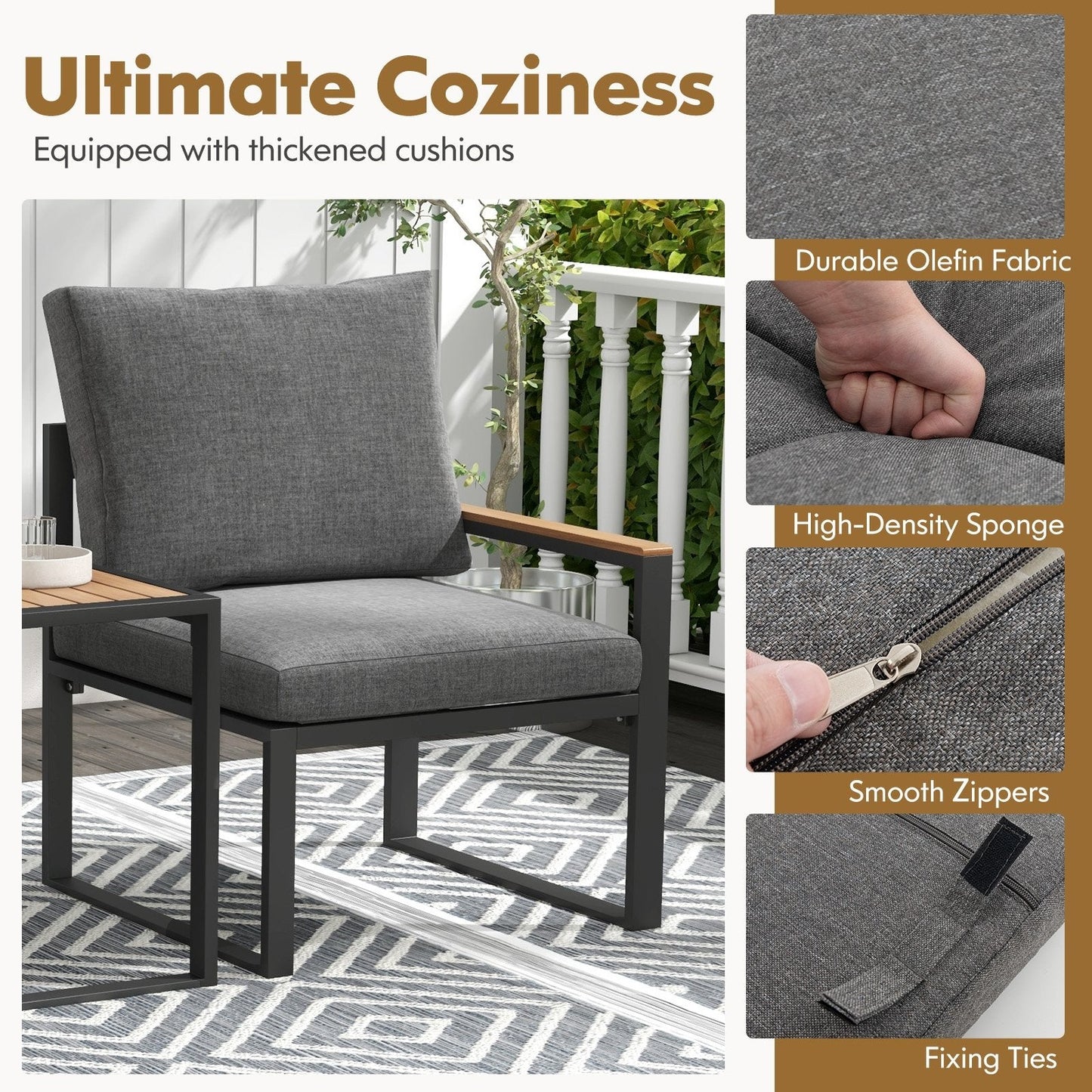 3 Pieces Aluminum Frame Weatherproof Outdoor Conversation Set with Soft Cushions, Gray Patio Conversation Sets   at Gallery Canada