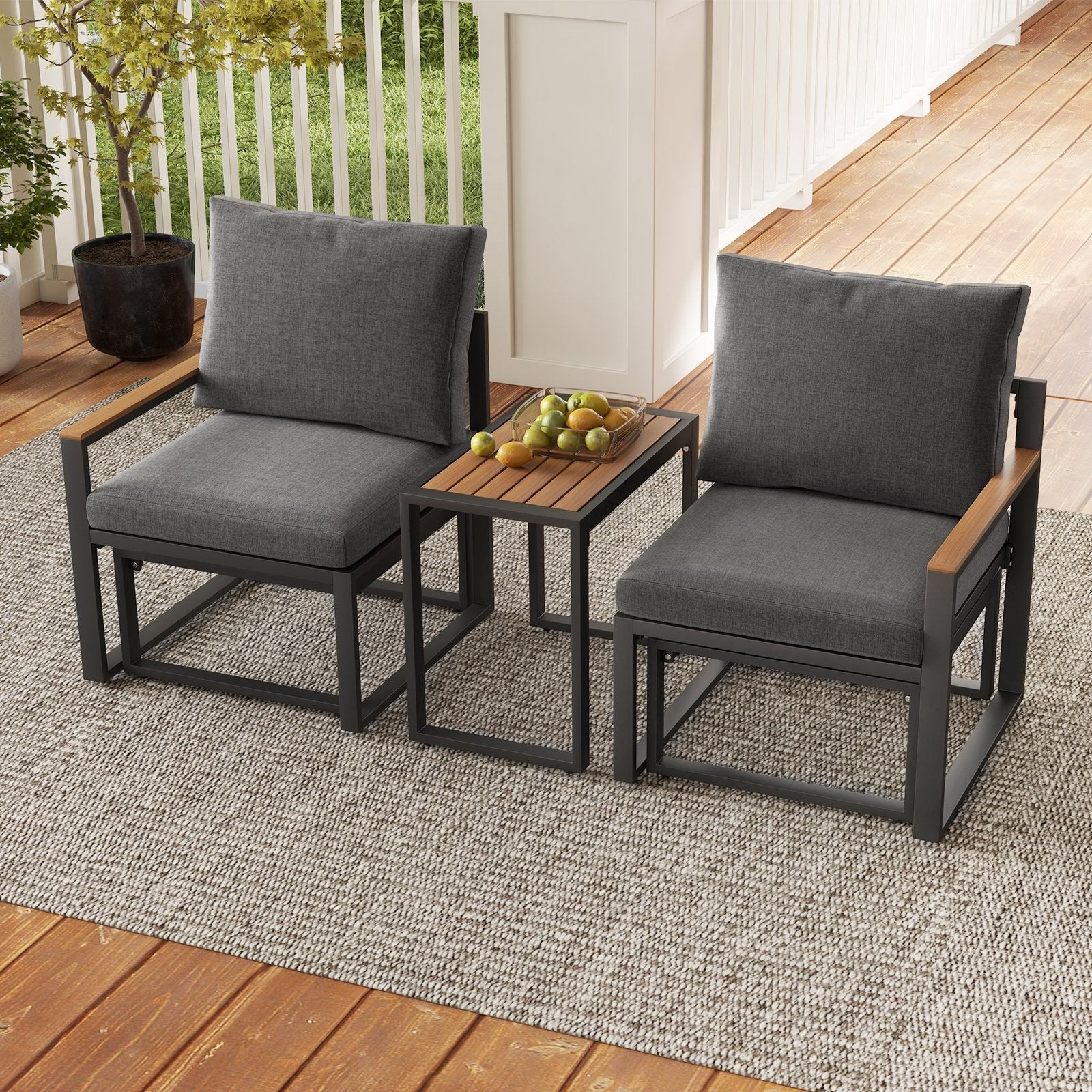 3 Pieces Aluminum Frame Weatherproof Outdoor Conversation Set with Soft Cushions, Gray Patio Conversation Sets   at Gallery Canada