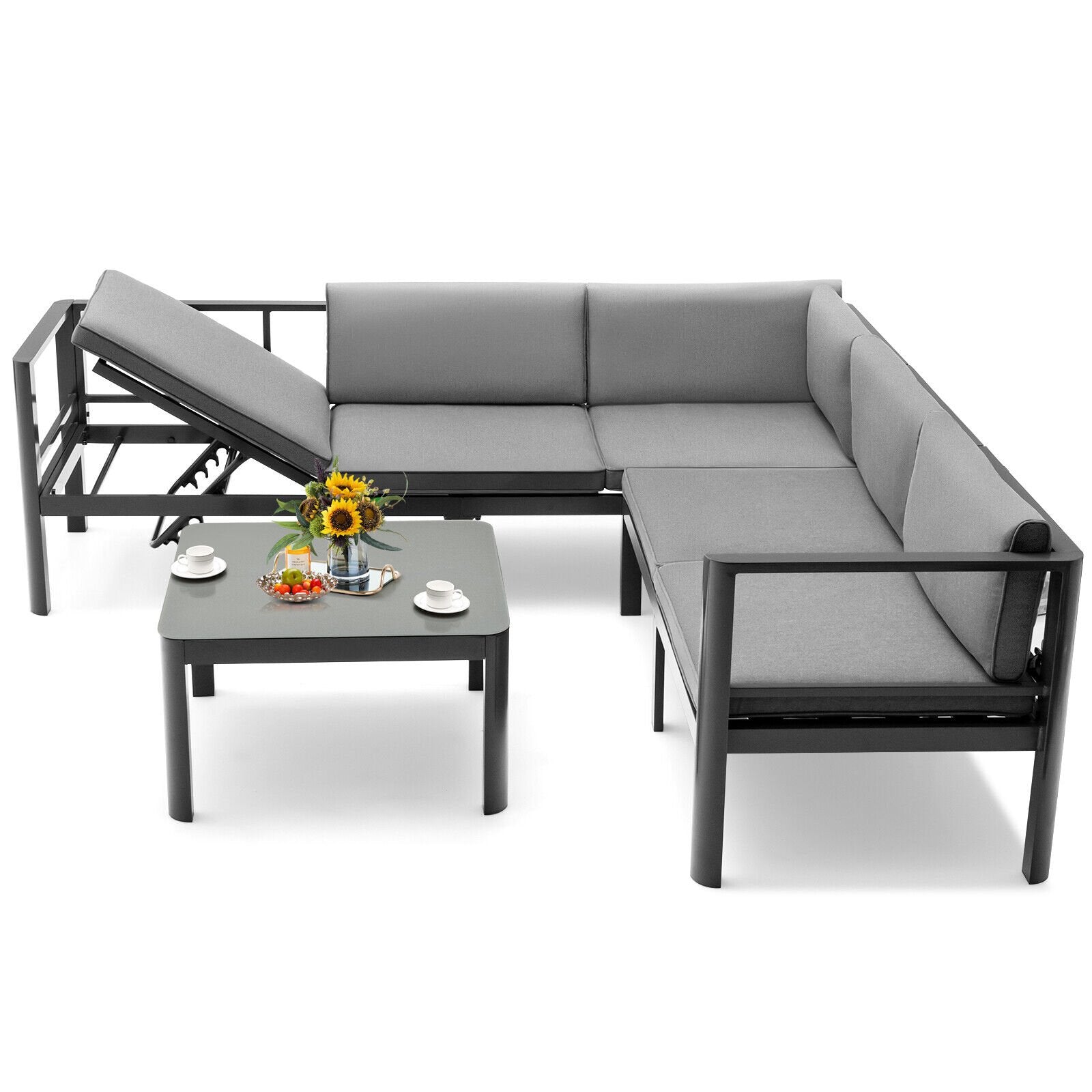 3 Pieces Aluminum Patio Furniture Set with 6-Level Adjustable Backrest, Gray Outdoor Sectionals   at Gallery Canada