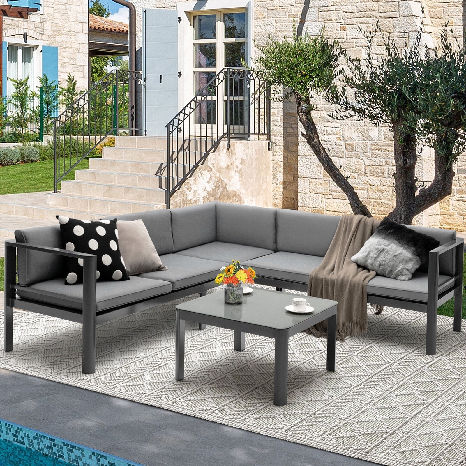 3 Pieces Aluminum Patio Furniture Set with 6-Level Adjustable Backrest, Gray Outdoor Sectionals   at Gallery Canada