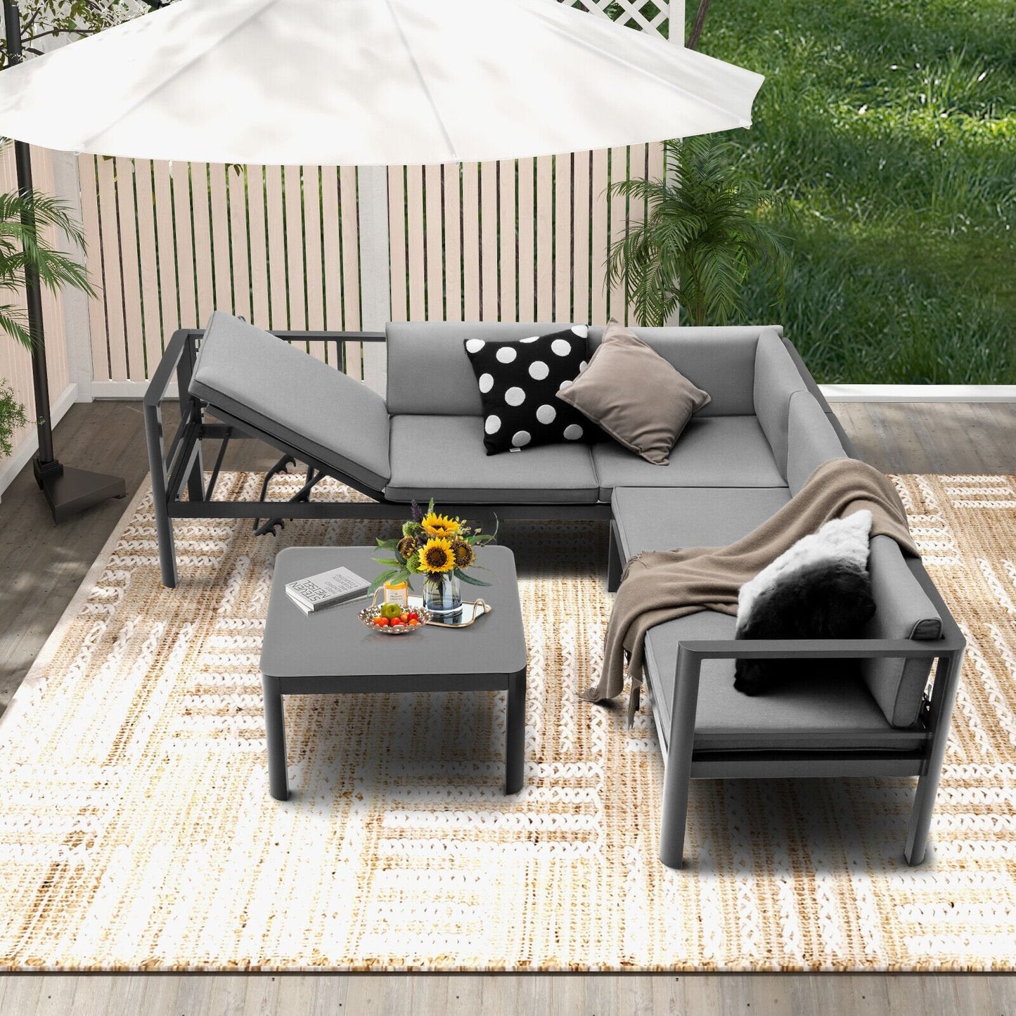 3 Pieces Aluminum Patio Furniture Set with 6-Level Adjustable Backrest, Gray Outdoor Sectionals   at Gallery Canada