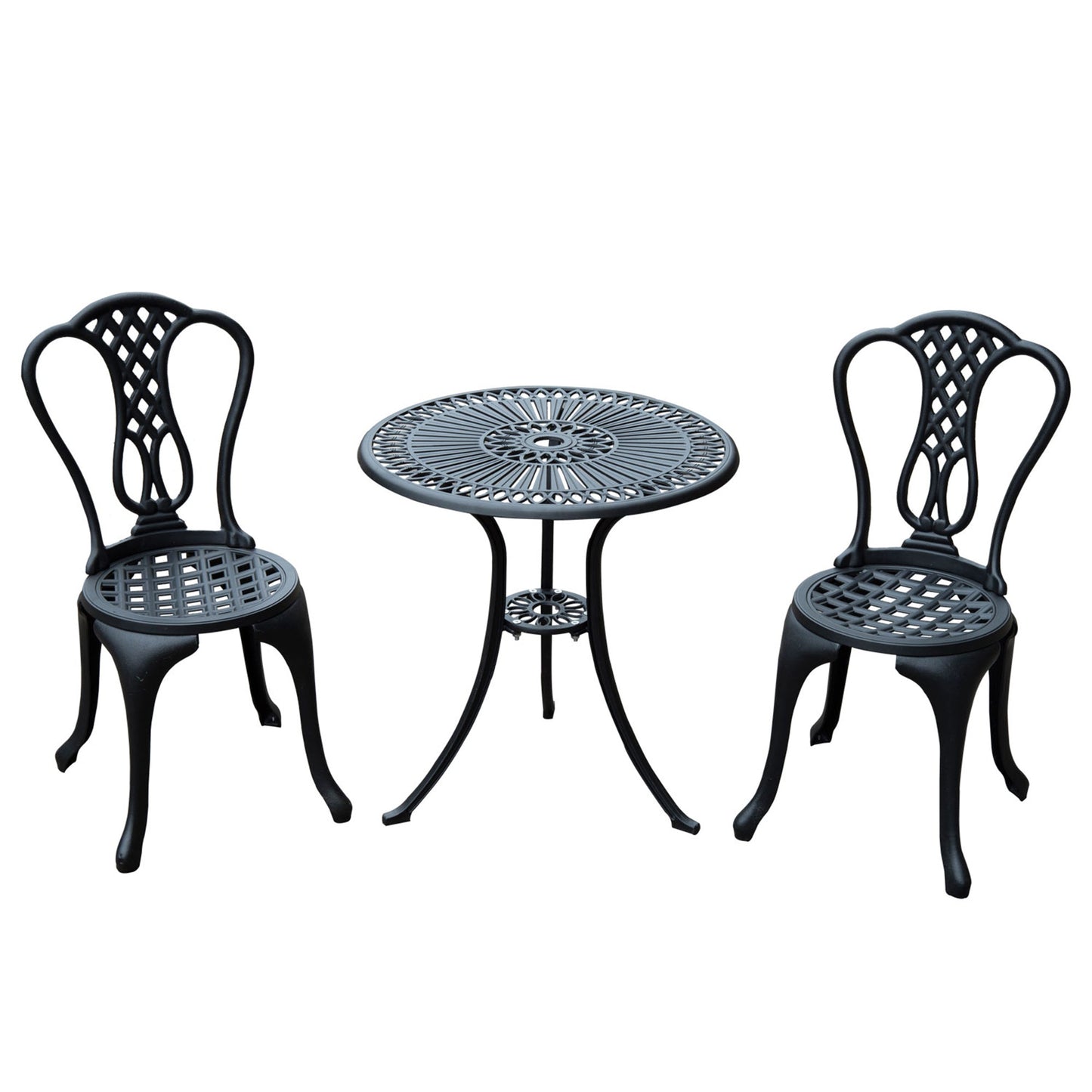 3 Pieces Antique Outdoor Bistro Set Cast Aluminum Patio Table and Chairs with Umbrella Hole, Black Bistro Sets   at Gallery Canada