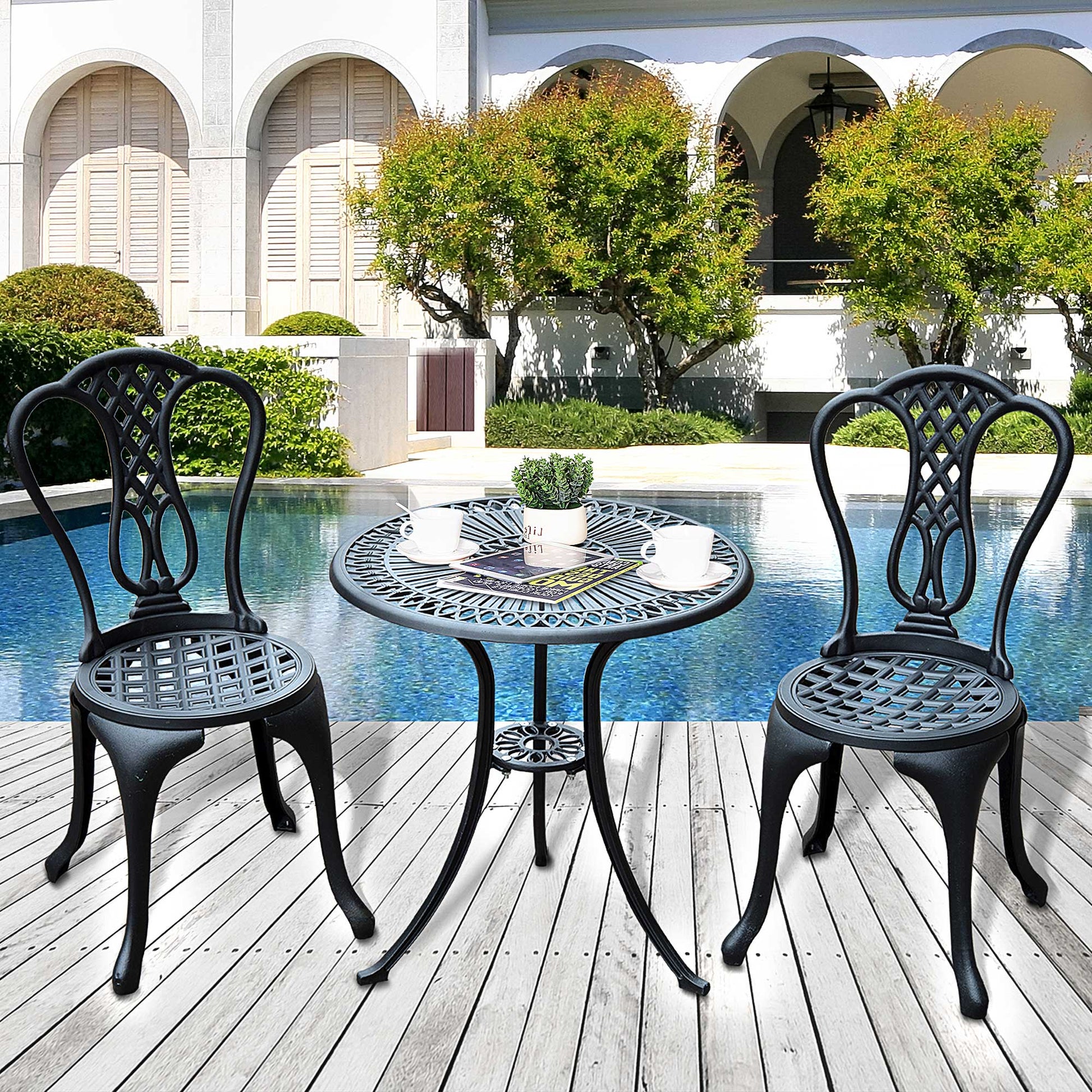 3 Pieces Antique Outdoor Bistro Set Cast Aluminum Patio Table and Chairs with Umbrella Hole, Black Bistro Sets   at Gallery Canada