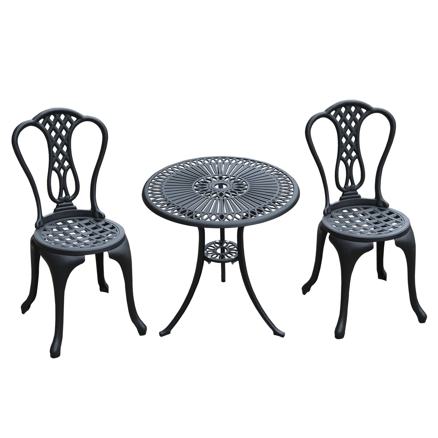 3 Pieces Antique Outdoor Bistro Set Cast Aluminum Patio Table and Chairs with Umbrella Hole, Black Bistro Sets Black  at Gallery Canada