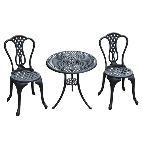 3 Pieces Antique Outdoor Bistro Set Cast Aluminum Patio Table and Chairs with Umbrella Hole, Black