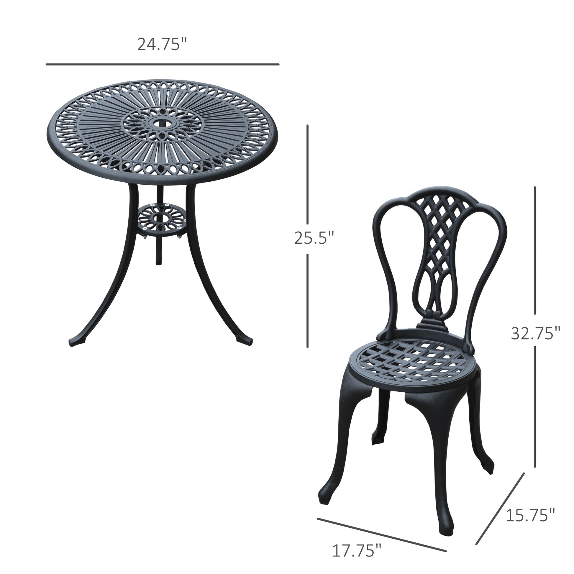 3 Pieces Antique Outdoor Bistro Set Cast Aluminum Patio Table and Chairs with Umbrella Hole, Black Bistro Sets   at Gallery Canada