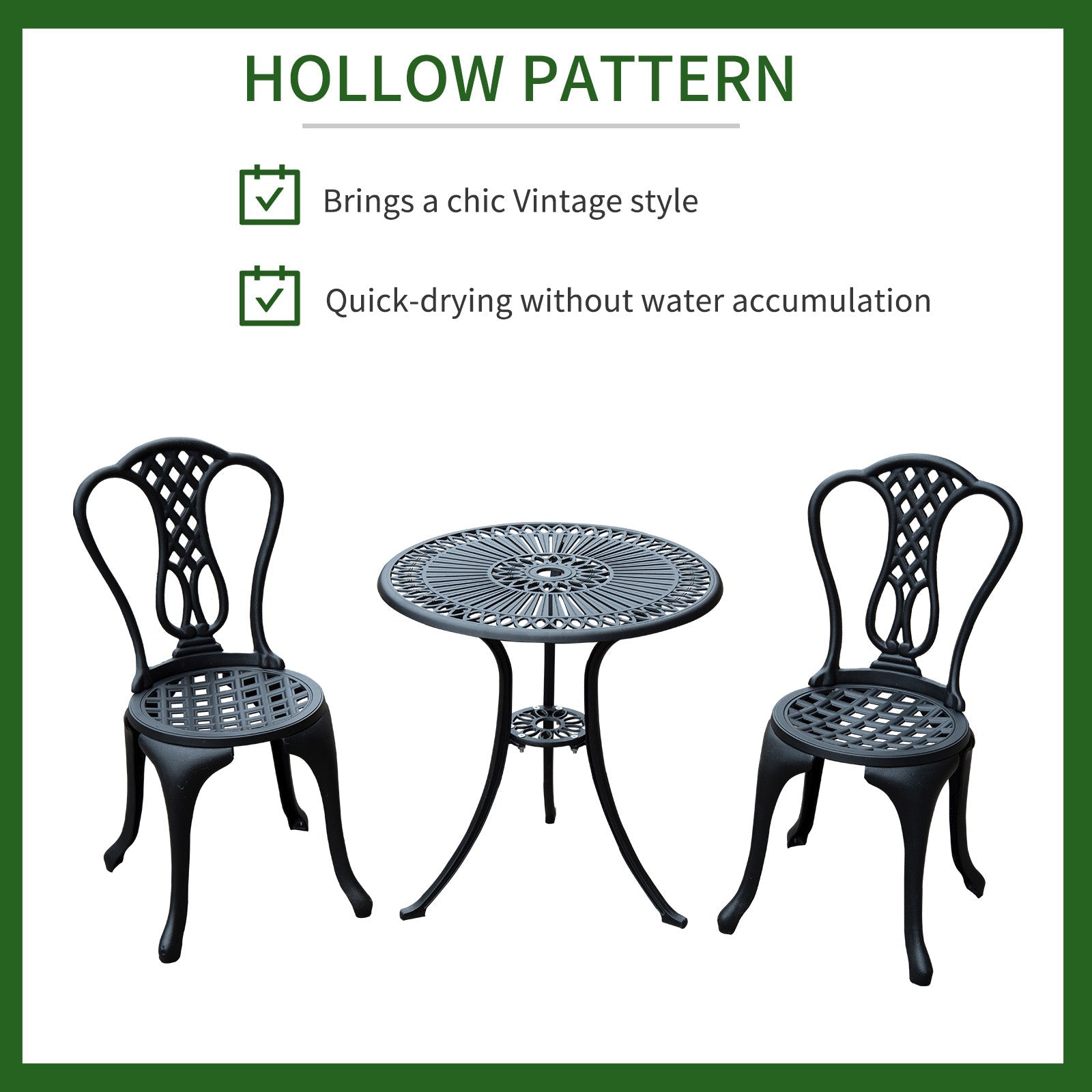 3 Pieces Antique Outdoor Bistro Set Cast Aluminum Patio Table and Chairs with Umbrella Hole, Black Bistro Sets   at Gallery Canada