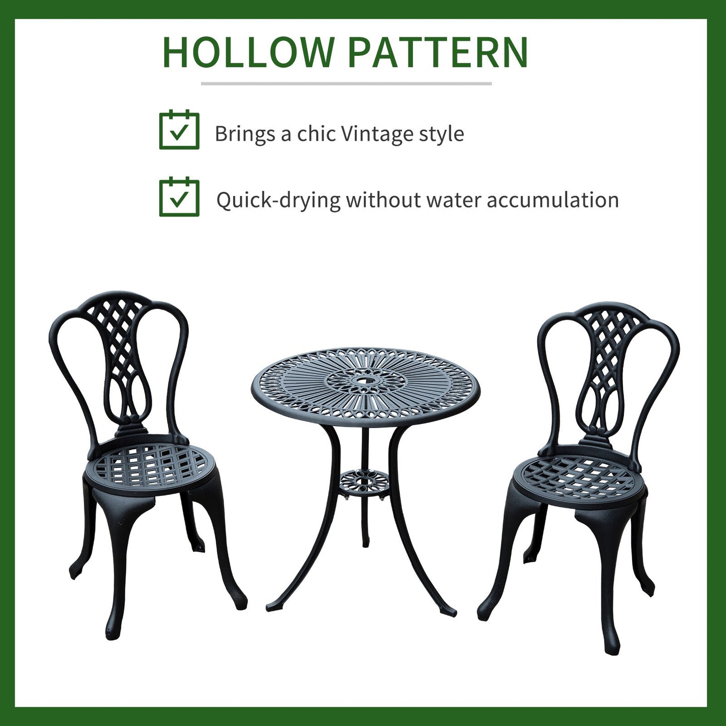 3 Pieces Antique Outdoor Bistro Set Cast Aluminum Patio Table and Chairs with Umbrella Hole, Black Bistro Sets   at Gallery Canada