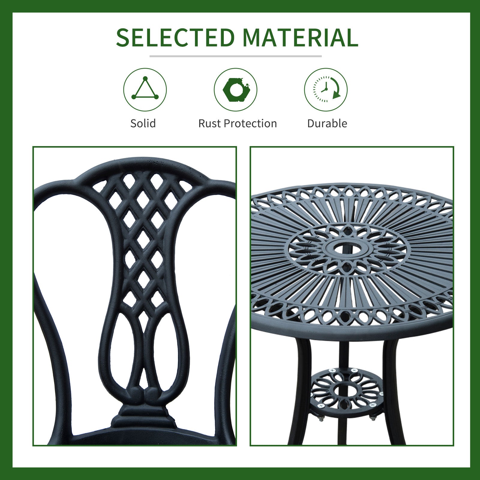 3 Pieces Antique Outdoor Bistro Set Cast Aluminum Patio Table and Chairs with Umbrella Hole, Black Bistro Sets   at Gallery Canada