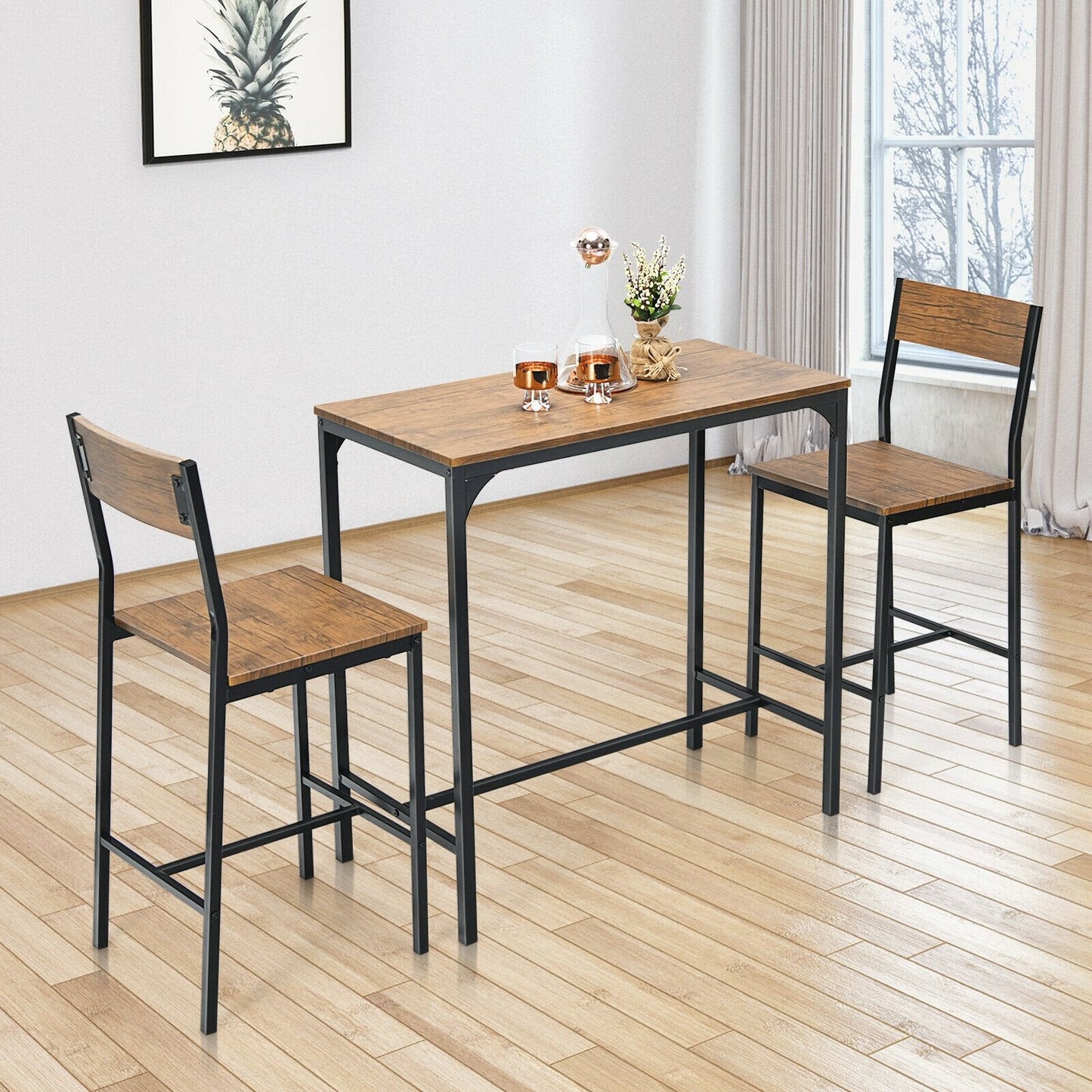 3 Pieces Bar Table Set with 2 Stools, Black Patio Bar Furniture   at Gallery Canada