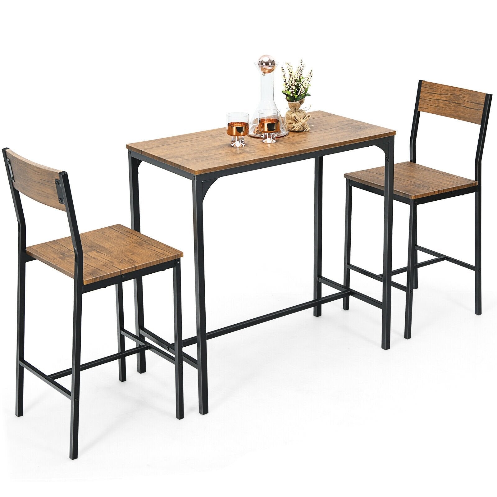 3 Pieces Bar Table Set with 2 Stools, Black Patio Bar Furniture   at Gallery Canada