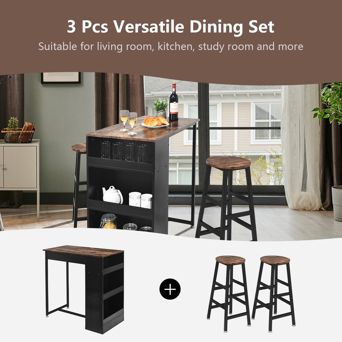 3 Pieces Bar Table Set with Storage, Brown Dining Room Sets   at Gallery Canada