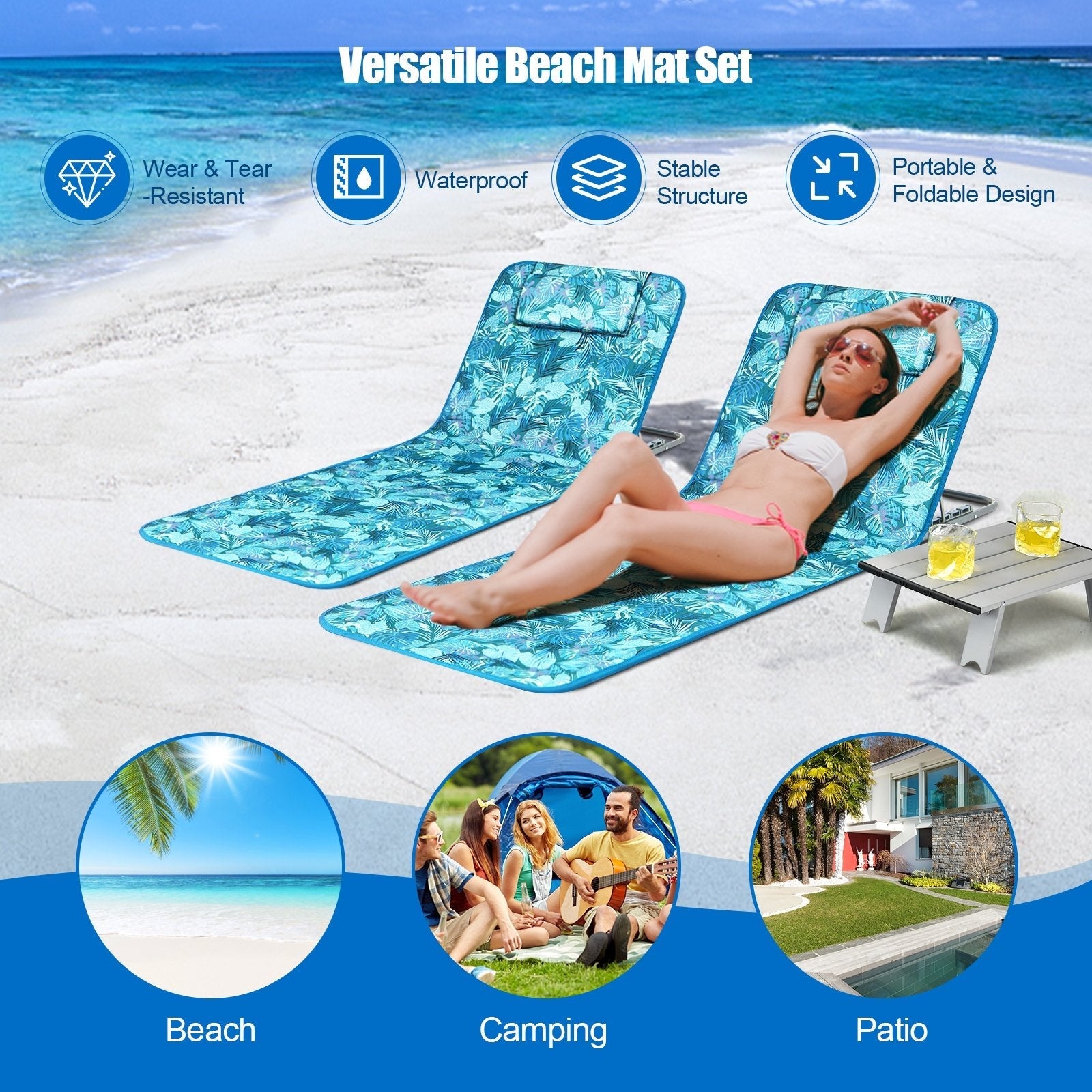 3 Pieces Beach Lounge Chair Mat Set 2 Adjustable Lounge Chairs with Table Stripe, Green Beach & Lawn Chairs   at Gallery Canada