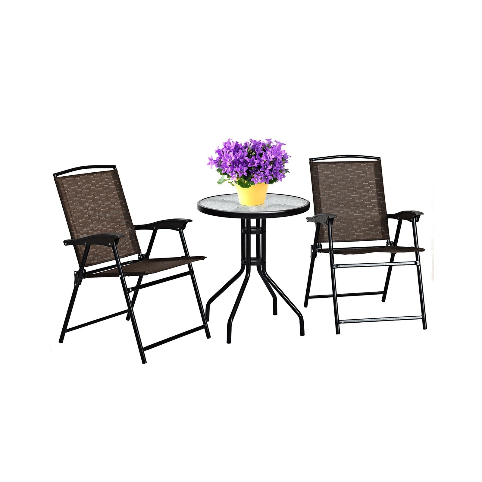 3 Pieces Bistro Patio Garden Furniture Set of Round Table and Folding Chairs, Brown Patio Conversation Sets   at Gallery Canada