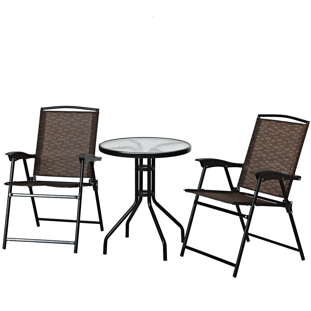 3 Pieces Bistro Patio Garden Furniture Set of Round Table and Folding Chairs, Brown Patio Conversation Sets   at Gallery Canada