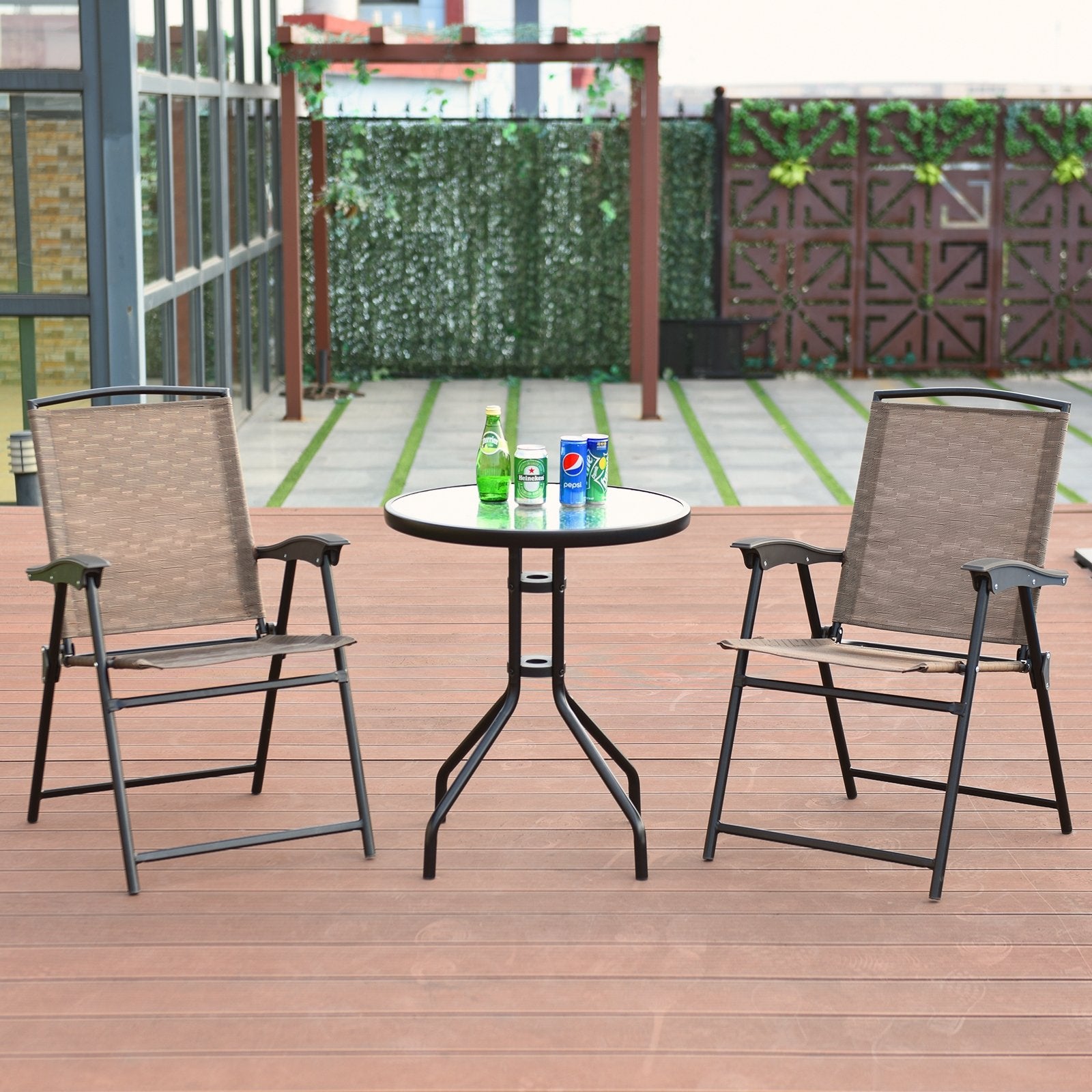 3 Pieces Bistro Patio Garden Furniture Set of Round Table and Folding Chairs, Brown Patio Conversation Sets   at Gallery Canada