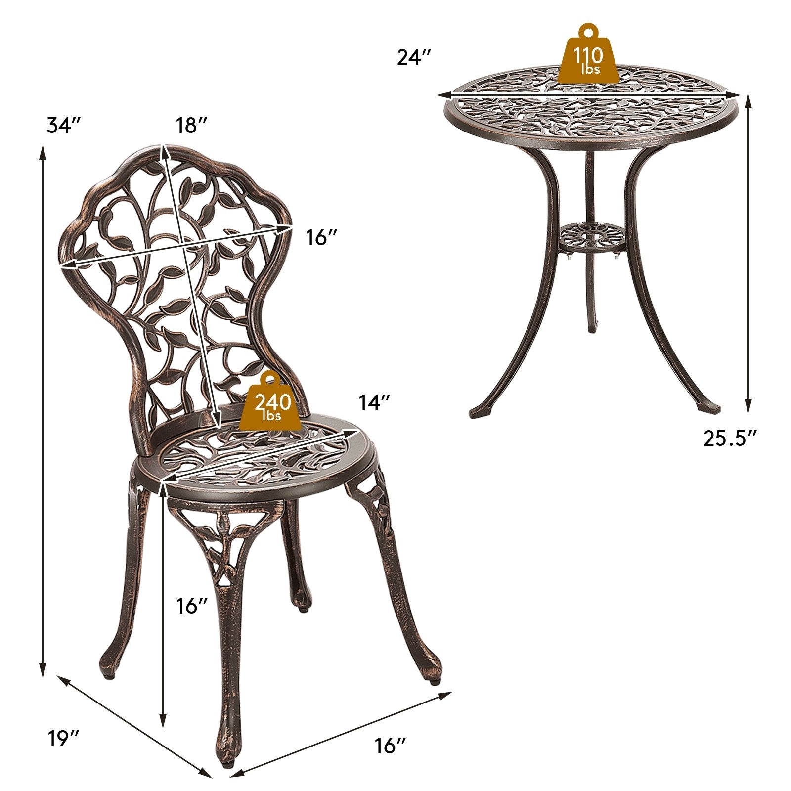 3 Pieces Cast Aluminum Bistro Set, Bronze Patio Conversation Sets   at Gallery Canada