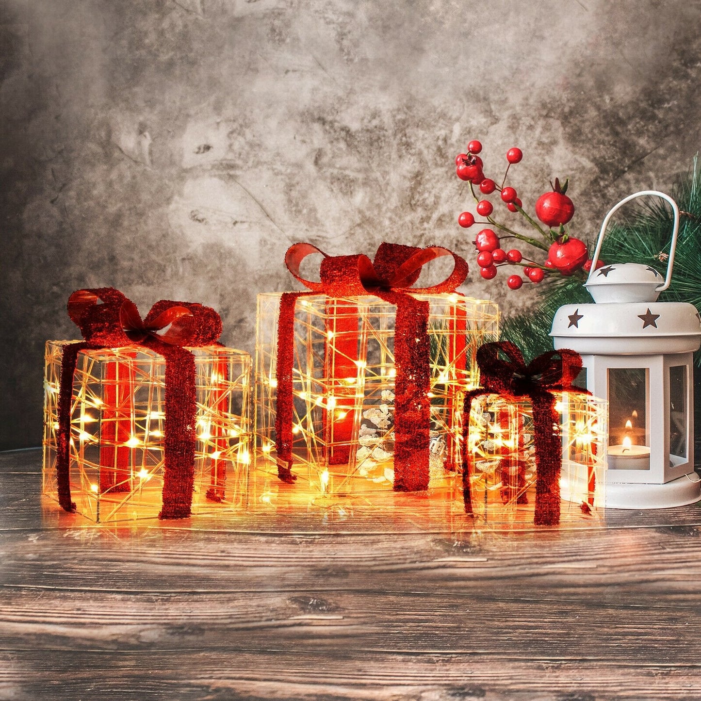 3 Pieces Christmas Lighted Gift Boxes Decorations with 60 LED Lights for Indoor and Outdoor, Red Christmas Decor & Accessories   at Gallery Canada