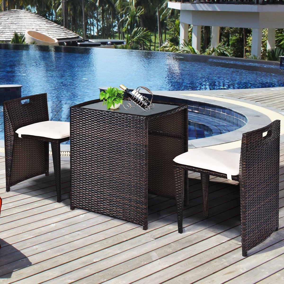 3 Pieces Cushioned Outdoor Wicker Patio Set with No Assembly Needed, Beige Patio Conversation Sets   at Gallery Canada