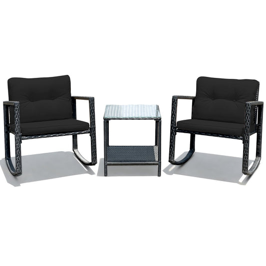 3 Pieces Cushioned Patio Rattan Set with Rocking Chair and Table, Black Patio Conversation Sets   at Gallery Canada