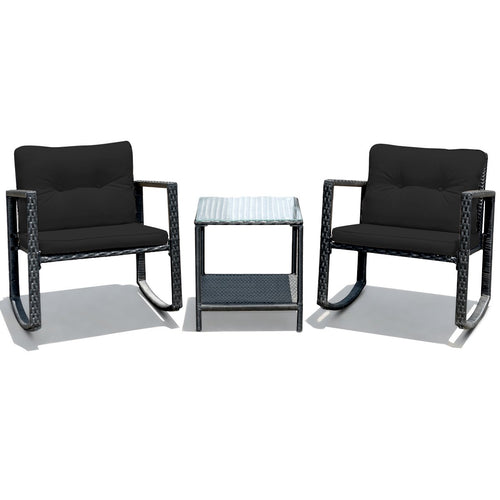 3 Pieces Cushioned Patio Rattan Set with Rocking Chair and Table, Black