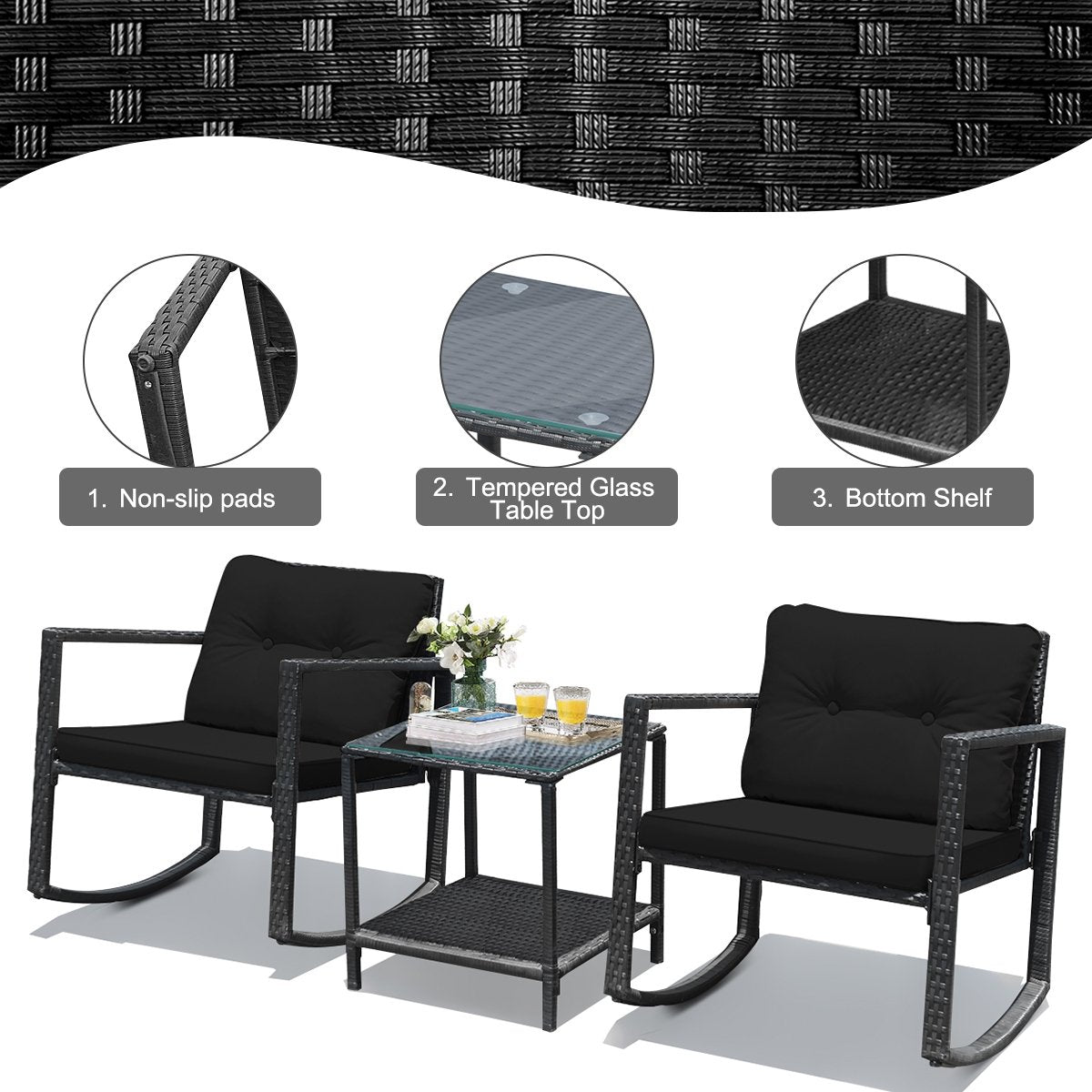 3 Pieces Cushioned Patio Rattan Set with Rocking Chair and Table, Black Patio Conversation Sets   at Gallery Canada