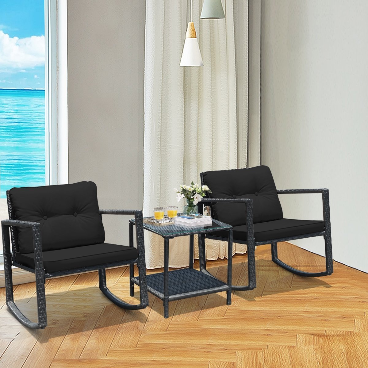 3 Pieces Cushioned Patio Rattan Set with Rocking Chair and Table, Black Patio Conversation Sets   at Gallery Canada