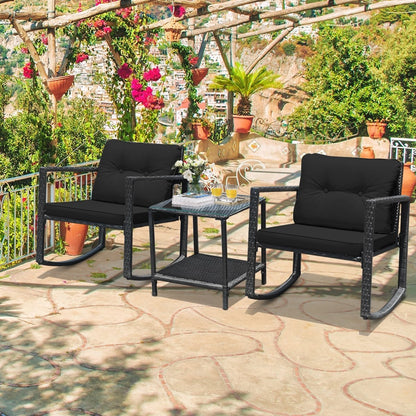 3 Pieces Cushioned Patio Rattan Set with Rocking Chair and Table, Black Patio Conversation Sets   at Gallery Canada