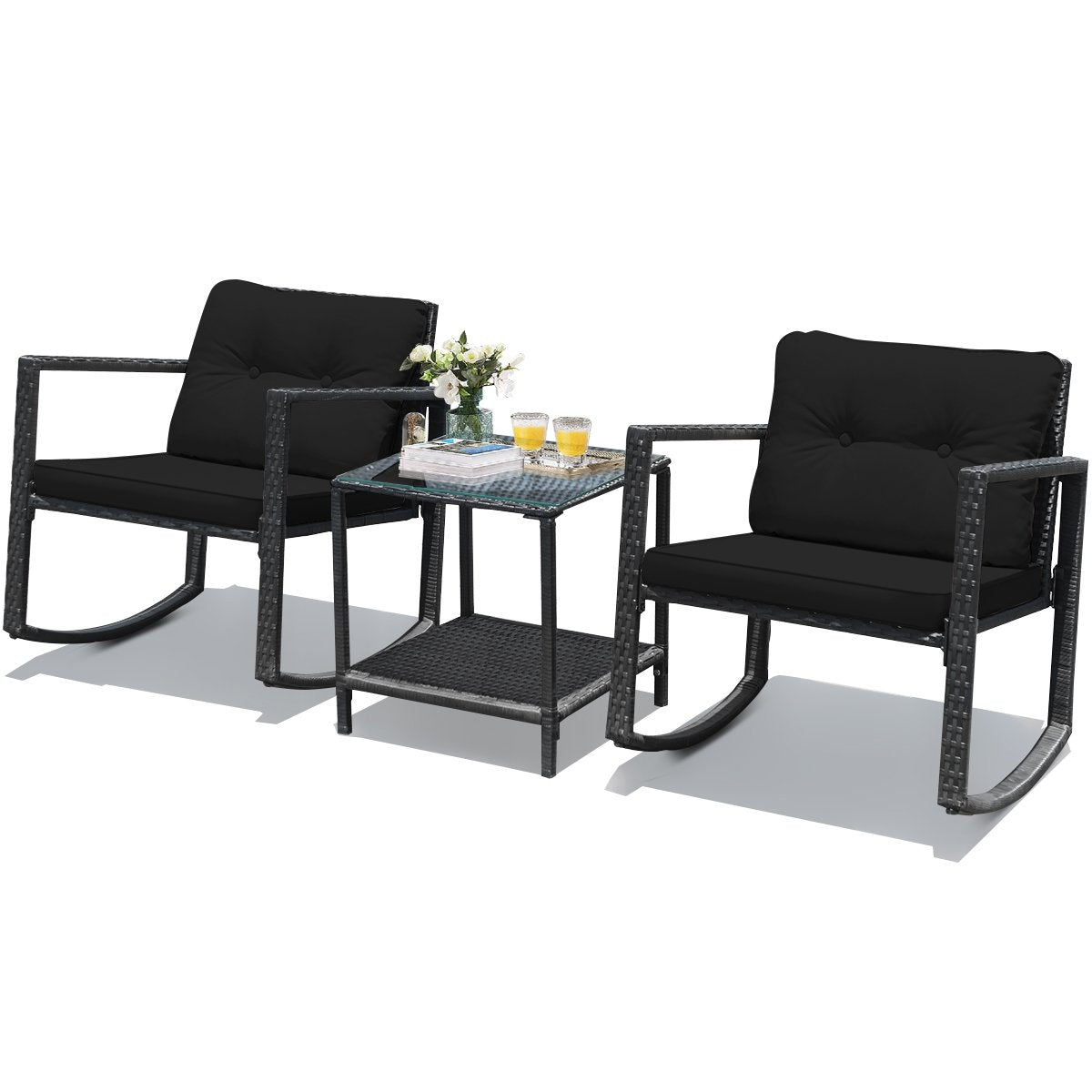 3 Pieces Cushioned Patio Rattan Set with Rocking Chair and Table, Black Patio Conversation Sets   at Gallery Canada